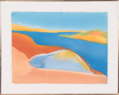 ELIZABETH OSBORNE WESTERN LANDSCAPE WATERCOLOR: Elizabeth Osborne (American, b.1936) A Western landscape painting, watercolor on paper, pencil signed Osborne '80. Image size: 22.5" x 30" Ht: 29.5" Wd: 37" (Frame size)