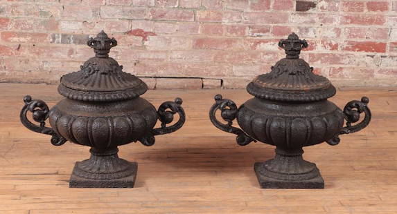 PAIR OF FRENCH GARDEN URNS WITH COVERS 19TH C.: A pair of French nineteenth century cast iron garden urns with removable winter covers. Ht: 24" Wd: 24" Dpth: 15.5"