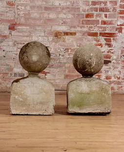 PAIR CAST STONE SPHERES ON BASES C.1920: A pair of cast stone spheres on bases circa 1920. Ht: 26.75" Wd: 17" Dpth: 11.75"