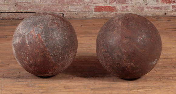 HEAVY PAIR IRON GARDEN SPHERES C.1940: A heavy pair of iron garden spheres circa 1940. Dia: 18"