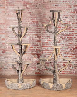 PAIR FAUX BOIS CAST STONE PLANT STANDS C.1940: A pair of faux bois cast stone plant stands circa 1940. 84"x34"x18.5" Ht: 83.75" Wd: 36.75" Dpth: 21.5"