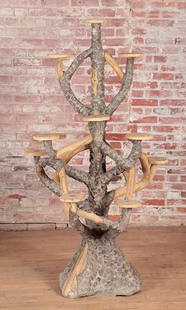 CAST STONE FAUX BOIS PLANT STAND C.1940: A cast stone faux bois plant stand circa 1940 with incredible detail. Ht: 64.25" Wd: 35.5" Dpth: 26"