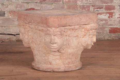 CARVED ROSA VERONA MARBLE CAPITAL: A carved Rosa verona marble capital with figural carvings. Ht: 14.5" Wd: 15.75"