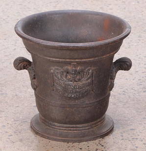 ITALIAN CAST IRON URN C.1880: An Italian cast iron urn marked Fer fonderia di follonica circa 1880. Ht: 16.25" Wd: 17.25"