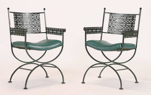 STYLISH PAIR WOODARD ARM CHAIRS GREEK KEY: A stylish pair of Woodard arm chairs with Greek key design. Ht: 34.75" Wd: 20.25" Dpth: 19.75" Seat: 18.5"