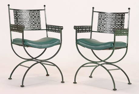 STYLISH PAIR WOODARD ARM CHIARS GREEK KEY: A stylish pair of Woodard arm chairs with Greek key design. Ht: 34.75" Wd: 20.25" Dpth: 19.75" Seat: 18.5"