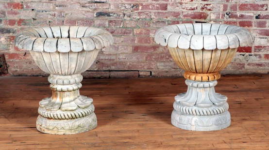 PAIR TWO PART CARVED MARBLE PLANTERS RELIEF CARVED: A pair of two part carved marble planters with incised and relief carvings. Ht: 45" Wd: 21"