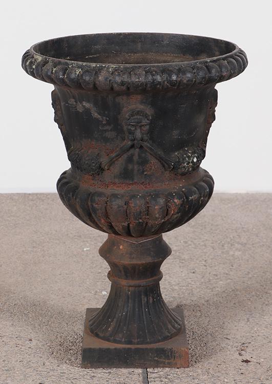 CAST IRON GARDEN URN WITH SWAG DECORATION (1 of 4)