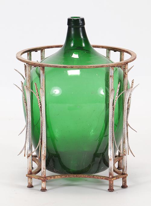 GREEN GLASS BOTTLE IRON STAND C.1940 (1 of 3)