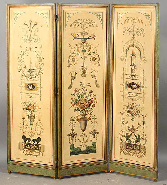 3 PART FOLDING SCREEN ADAMS TASTE: A three part folding screen in the Adams taste with three distinctly different classical designs. Incorporting flower, birds, urns, and griffin designs. Ht: 64.5" Width: 63" (21" Panel)