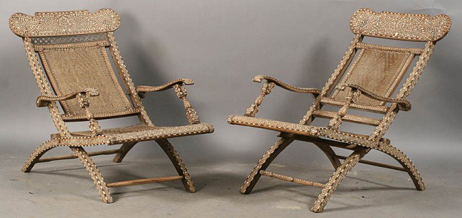 PAIR SYRIAN BONE INLAID CAMPAIGN FOLDING CHAIR: A pair of Syrian inlaid campaign style folding chairs with woven seats. Width: 22"