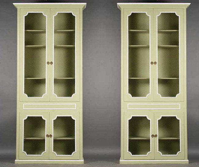 PR FRENCH STYLE PAINTED CABINETS 4 DOORS EACH: Pair of French style paint decorated cabinets each having a stepped cornice over four screen front doors and a stepped base. Ht: 105" Width: 46" Depth: 16"