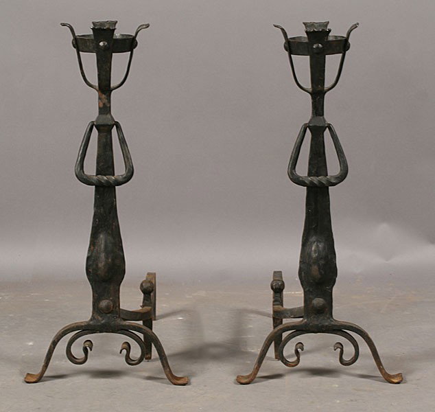 PAIR ARTS & CRAFTS STYLE CAST IRON ANDIRONS: Pair of Arts and Crafts style cast iron andirons with cup tops. Ht: 30.5"