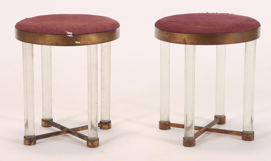 PAIR LUCITE, BRASS AND UPHOLSTERED STOOLS C.1950 (1 of 3)