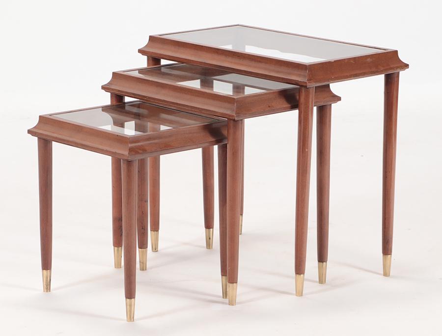 SET OF 3 WOOD AND GLASS NESTING TABLES C.1960 (1 of 5)