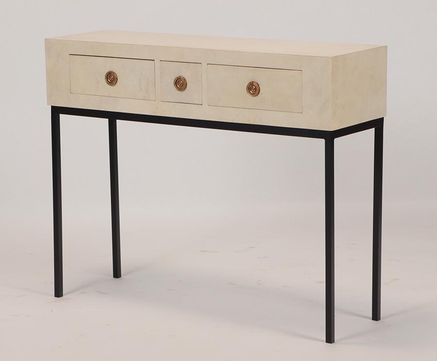 AN IRON AND PARCHMENT CONSOLE TABLE WITH THREE (1 of 6)