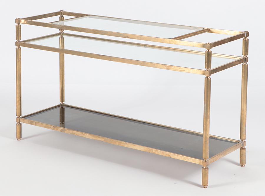 BRASS AND SMOKED GLASS BAR CART OR SERVER C.1970: A brass and smoked glass bar cart or server circa 1970. Ht: 29.75" Wd: 51" Dpth: 15.75"