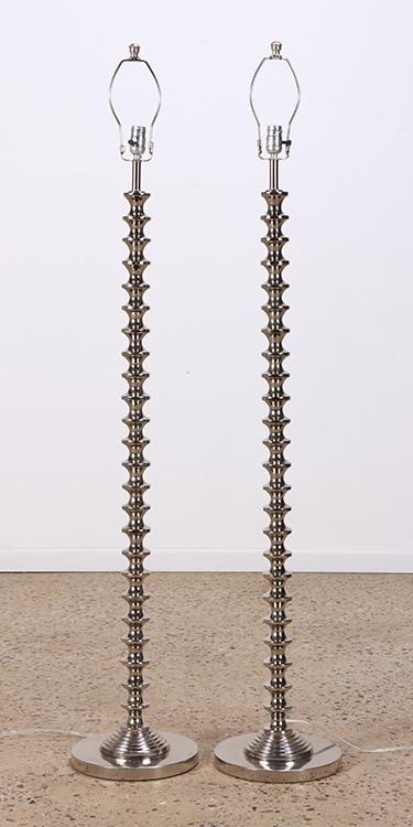 A PAIR OF BULBOUS FORM CHROME PLATED FLOOR LAMPS. (1 of 4)