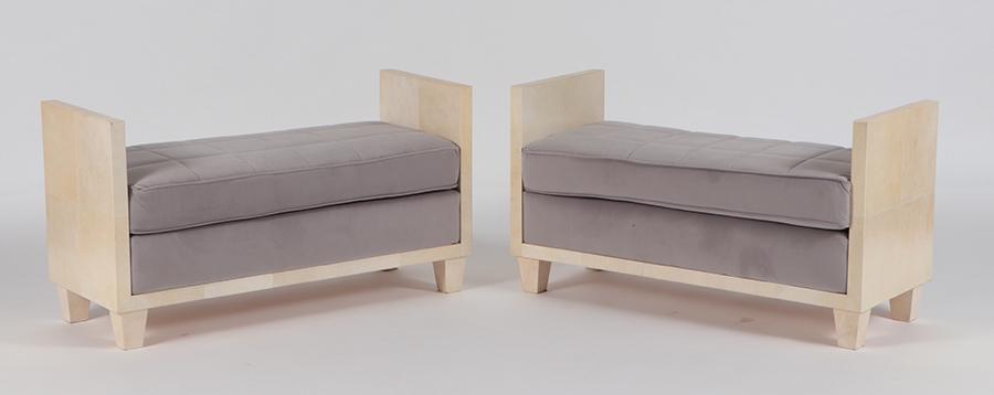 LARGE PAIR PARCHMENT COVERED UPHOLSTERED BENCHES (1 of 6)