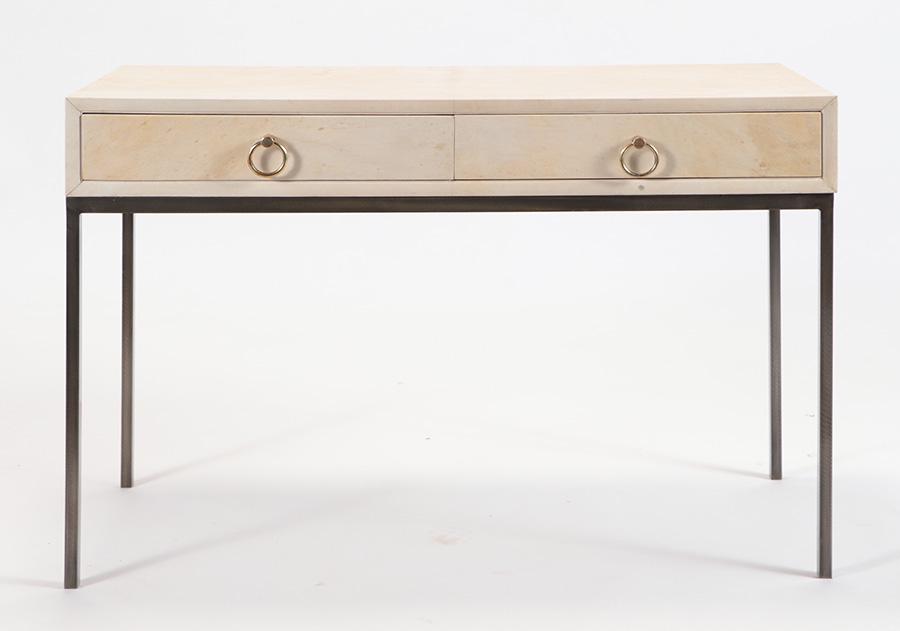 A PARCHMENT COVERED IRON WRITING DESK IN THE (1 of 4)
