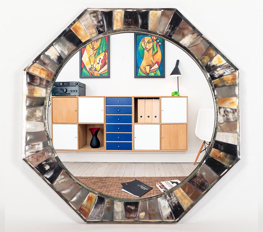 OCTAGONAL HORN MIRORR IN MANNER OF KARL SPRINGER: An octagonal horn mirror in the manner of Karl Springer. Ht: 35" Wd: 35"