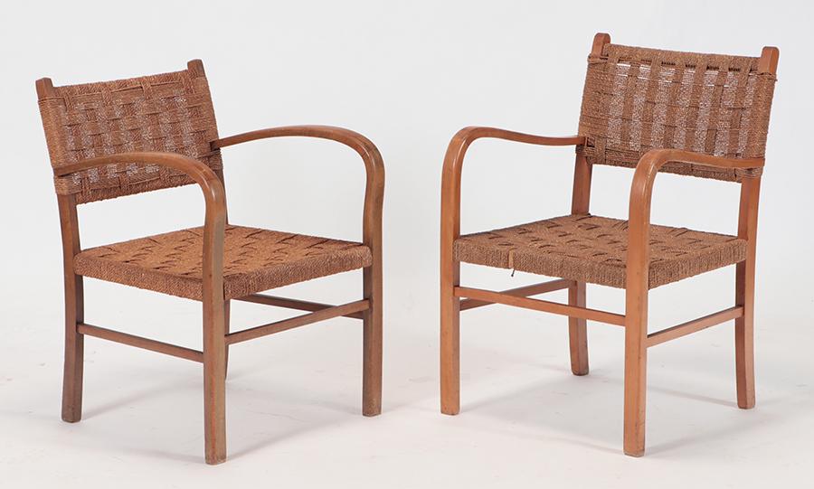 2 FRENCH WOOD AND CORD ARM CHAIRS C.1950 (1 of 6)