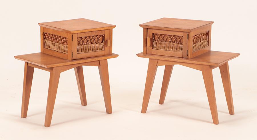 PAIR FRENCH OAK AND RATTAN END TABLES C.1955 (1 of 6)