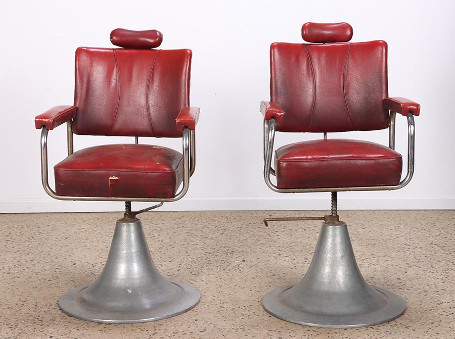 PAIR ADJUSTABLE ALUMINUM SALON CHAIRS C.1945: A pair of adjustable aluminum salon chairs circa 1945. Ht: 45" Wd: 23" Dpth: 28" Dia: 24"