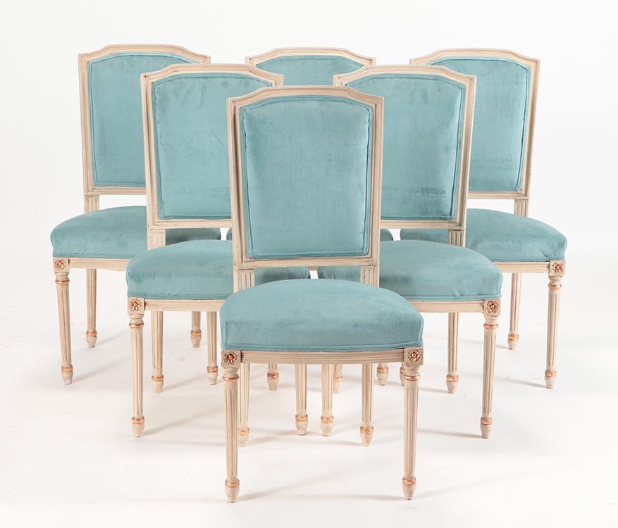 SIX PAINTED AND GILT DINING CHAIRS IN THE LOUIS (1 of 6)