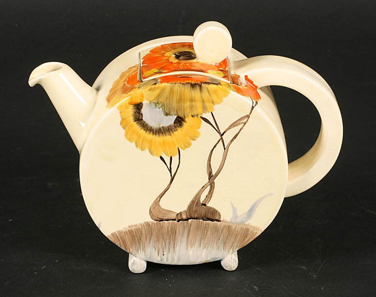 CLARICE CLIFF BONJOUR SHAPE TEAPOT: A Clarice Cliff bonjour shape teapot hand painted with the Rhodanthe pattern.