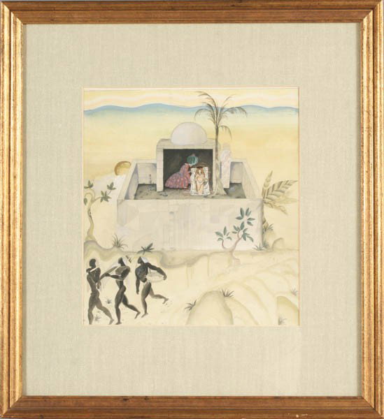KAY NIELSON PAINTING MIXED MEDIA SIGNED: Kay Nielsen (American/British/Danish, 1886-1957) "The Queen's Oasis" mixed media on paper, signed verso "Kay Nielsen." Dimensions inside frame: 11"H. x 10"W. Ht: 19.5" Width: 17.78"