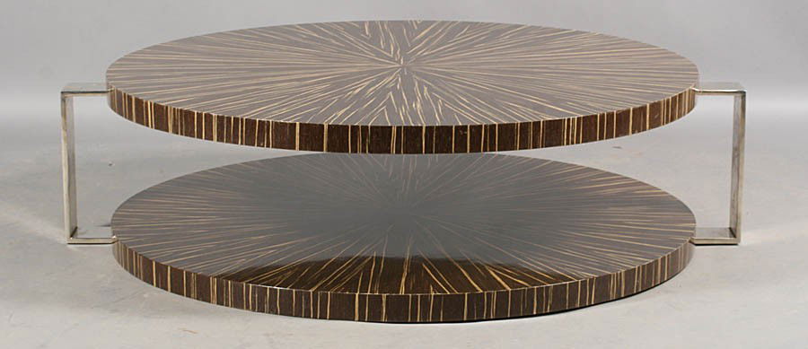 LG MODERN COFFEE TABLE FIGURED WOOD TOP CHROME: A monumental modern coffee table having a figured wood top over a matching lower shelf supported on a chrome frame. Ht: 15.5" Width: 51"