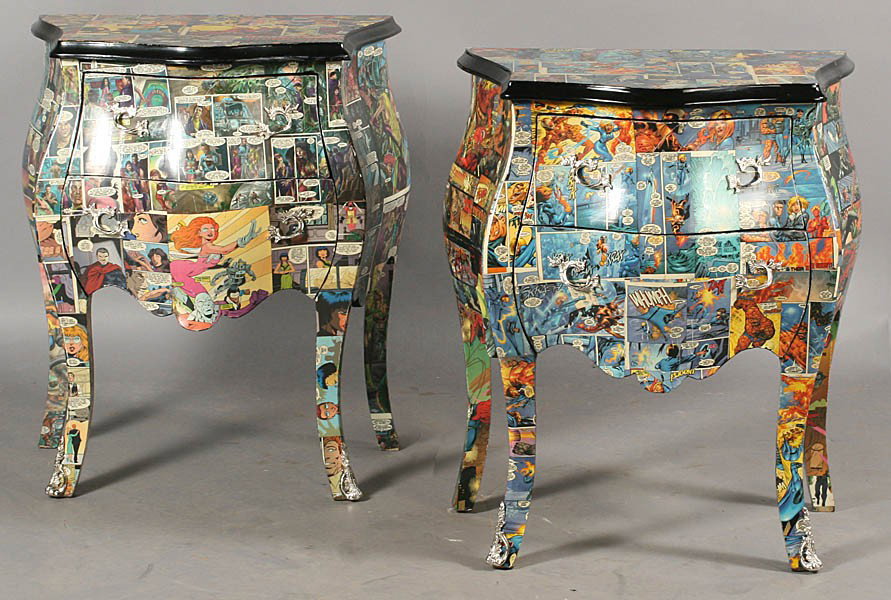 PR POP ART LACQUERED COMMODES AVENGERS FANTASTIC4: Pair of Pop Art lacquered commodes having a motif of the Avengers and Fantastic Four. feturing Ht: 29.5" Width: 26" Depth: 16.5"
