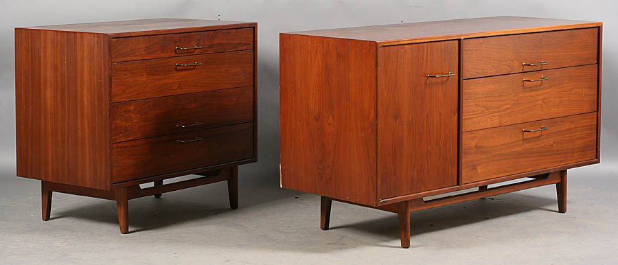 2 PC LOT: JENS RISOM DESIGNED DRESSER CHEST: A two piece lot of labeled Jens Risom designed furniture including a dresser with three drawers and a door, and a chest with four drawers. Circa 1960. All raised on tapered legs. Ht: 32" Width: 54" De