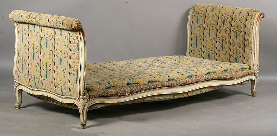 SIGNED JANSEN LOUIS XV STYLE DAYBED VELVET: A good antique French Louis XV style daybed having both ends and mattress upholstered in needlepoint and velvet circa 1900. Ht: 31" Width: 86" Depth: 34"