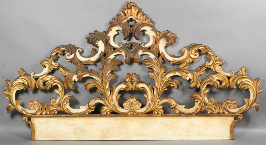 ITALIAN POLYCHROME PAINTED BAROQUE HEADBOARD BED: Italian polychromed and paint decorated headboard in the Baroque taste with extravagant foiate scrolling circa 1950. Ht: 55" Width: 101"