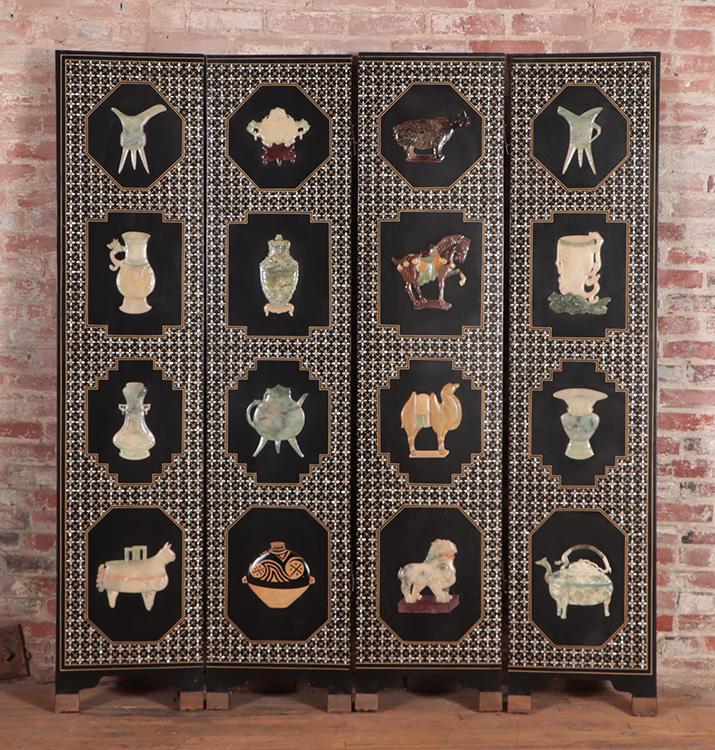 A FOUR PANEL ASIAN SCREEN WITH STONE ANIMALS IN (1 of 7)