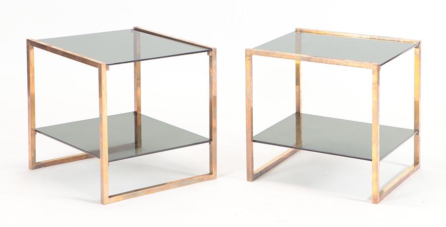 A PAIR OF BRASS AND SMOKED GLASS END TABLES C (1 of 4)