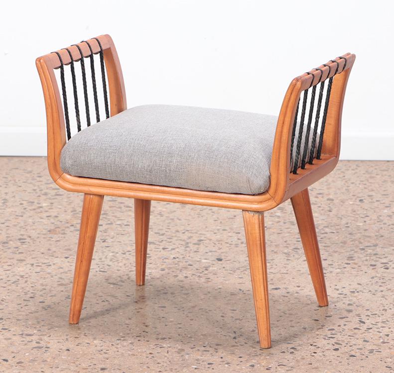 A WOOD AND CORD UPHOLSTERED BENCH BY BONTA C 1955.: A wood and cord upholstered bench by Bonta C 1955. Ht: 22.25" Wd: 23.25" Dpth: 13.75" Seat: 16.75"