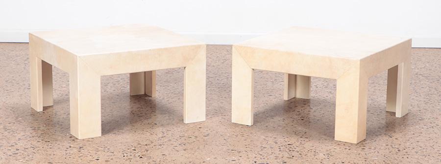 PAIR PARCHMENT COVERED END TABLES MANNER MARX: A pair of parchment covered end tables in the manner of Samuel Marx. Ht: 14.5" Wd: 24" Dpth: 24"