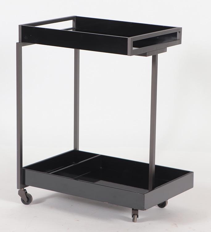 WOOD, GLASS AND METAL BAR CART BRANDED GUCCI: A wood, glass and metal bar cart branded "Gucci". Ht: 30.25" Wd: 25" Dpth: 17.25"