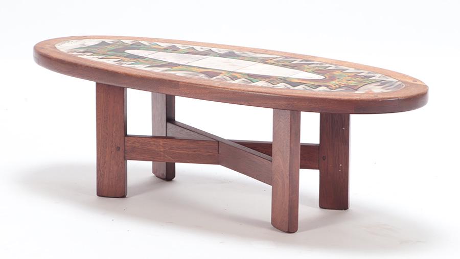 A FRENCH MAHOGANY AND TILE COFFEE TABLE C 1960. (1 of 5)