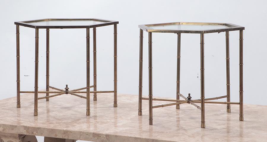 PAIR SIX SIDED BRASS FAUX BAMBOO TABLES C.1970 (1 of 4)
