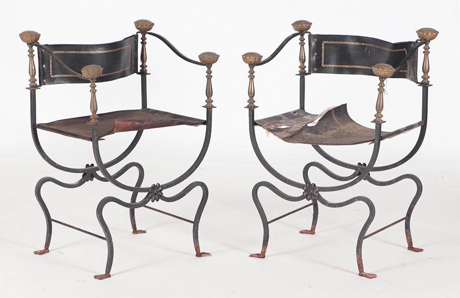 PAIR IRON AND LEATHER CHAIRS BRONZE FINIALS C.1940 (1 of 6)