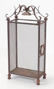 GILBERT POILLERAT ANIMAL OR BIRD CAGE C.1940: A Gilbert Poillerat (attributed) iron and glass animal or bird cage C 1940. Having scroll form top and resting on tassel form feet and circular access area on side. Ht: 44.5" Wd: 22" Dpth: 12"