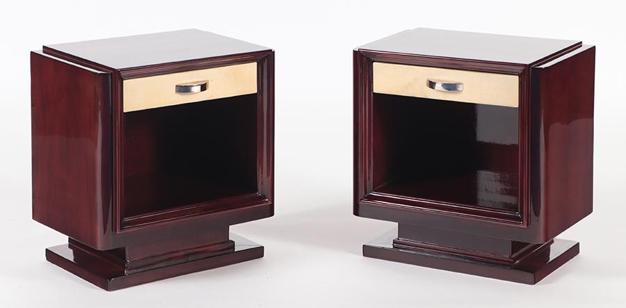 FRENCH ART DECO MAHOGANY GOATSKIN NIGHTSTANDS 1930: A pair of French Art Deco mahogany and goatskin nightstands circa 1930. Ht: 20.75" Wd: 19.5" Dpth: 14"
