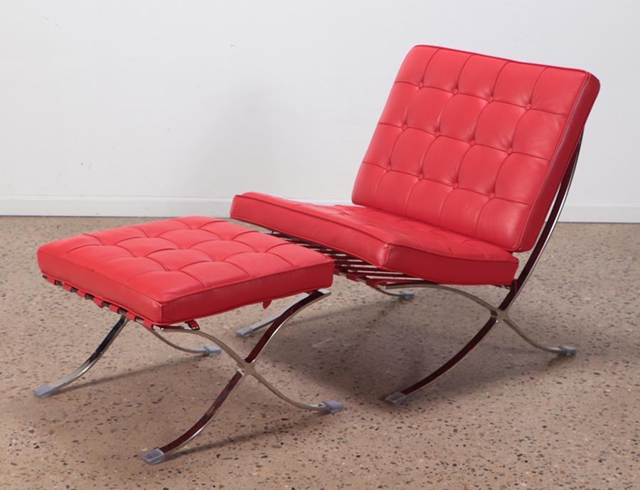 BARCELONA STYLE RED LEATHER CHAIR AND OTTOMAN (1 of 6)