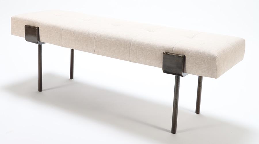 AN IRON BENCH WITH UPHOLSTERED SEAT AND BRONZE (1 of 5)