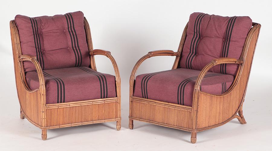 PAIR RATTAN ARMCHAIRS WITH CUSHIONS C.1945 (1 of 6)