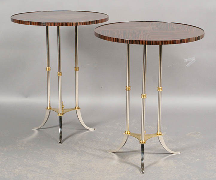 PR ART DECO STYLE MACASSAR CHROME BRASS TABLES: Pair of Art Deco style gueridons having maccassar dish tops on chrome and brass tripod bases. Ht: 29" Dia: 23.5"